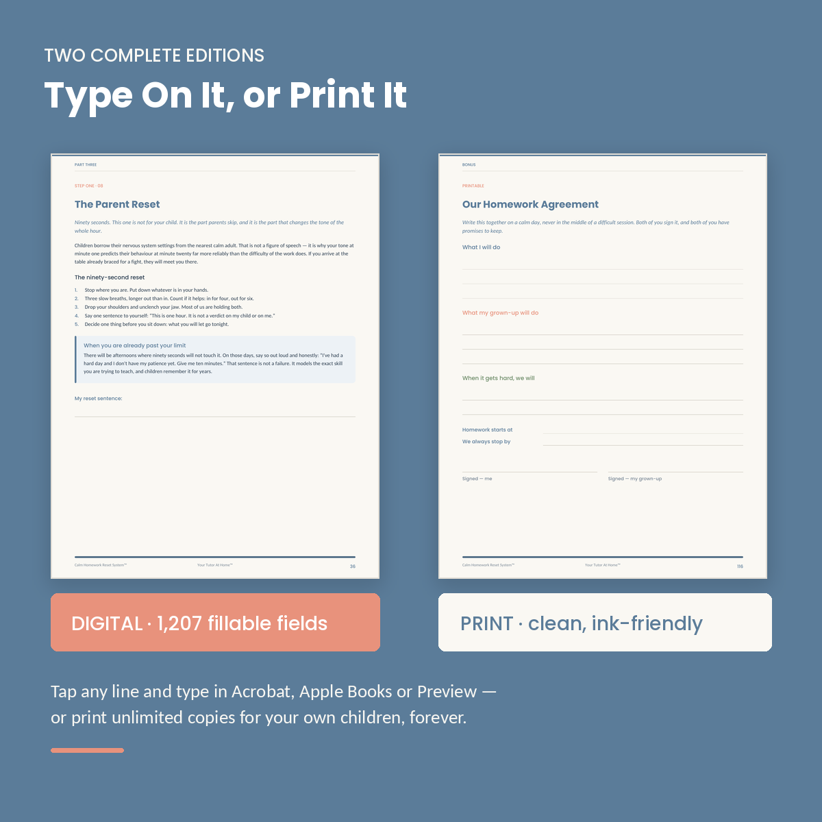 Digital fillable and print editions of the Calm Homework Reset System with 1,207 typable fields