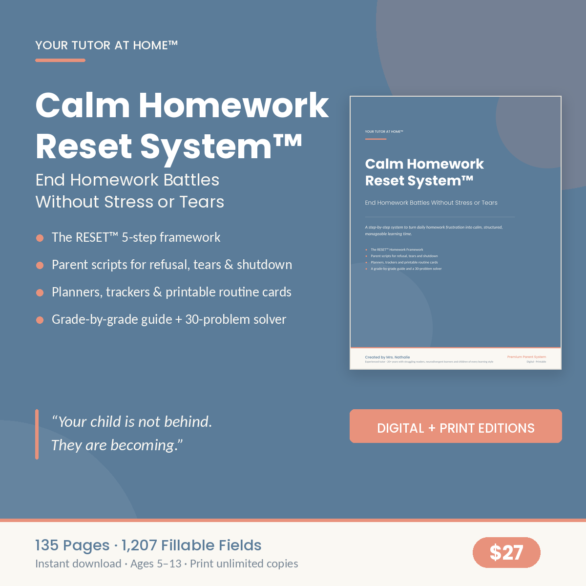 Calm Homework Reset System cover — a calm homework routine in 5 steps for kids ages 5–13 Calm Homework Reset System printable homework plan pages Calm Homework Reset System printable pages to help parents end homework battles