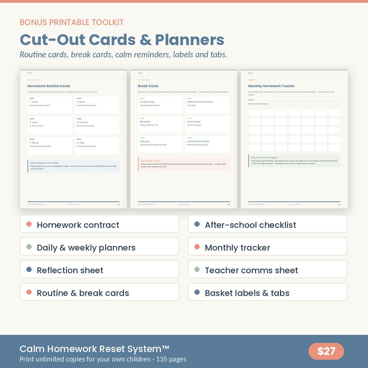 Printable homework toolkit with cut-out routine cards, break cards and a monthly homework tracker