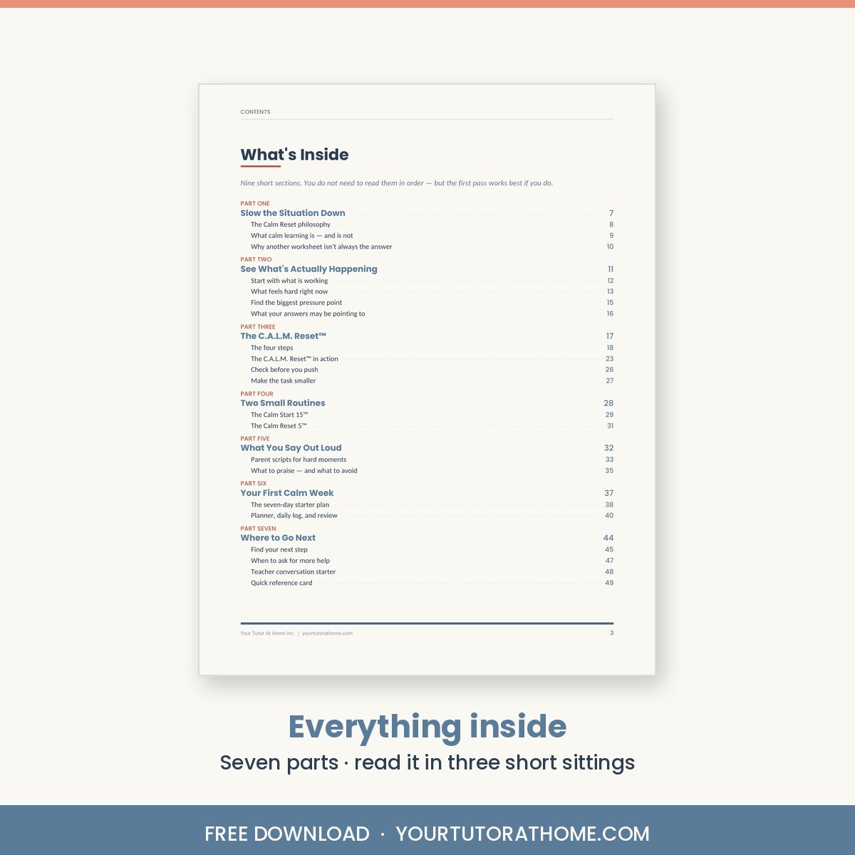 Contents page of the Calm Reset Starter Guide showing seven parts