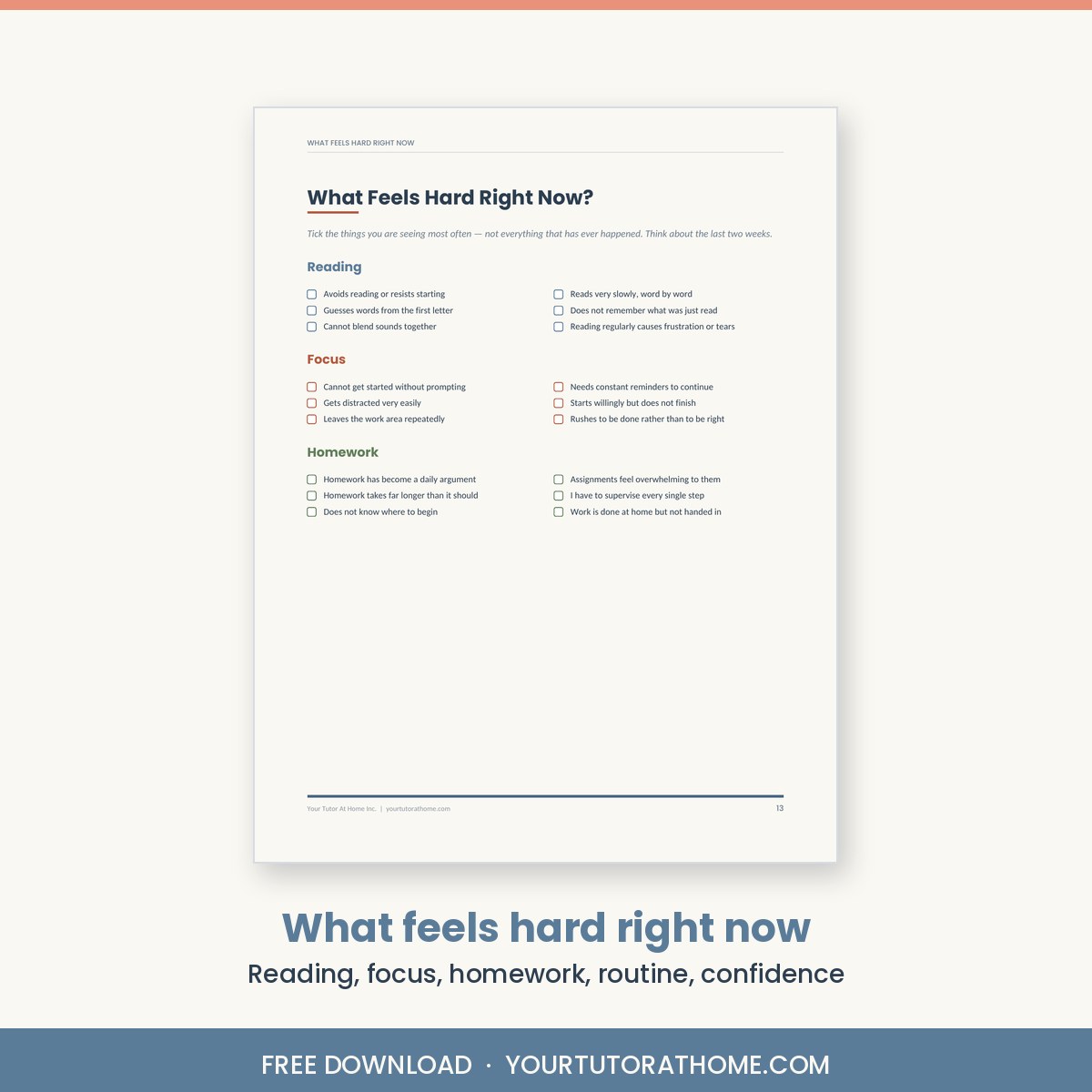 Checklist page covering reading, focus, homework, routine and confidence