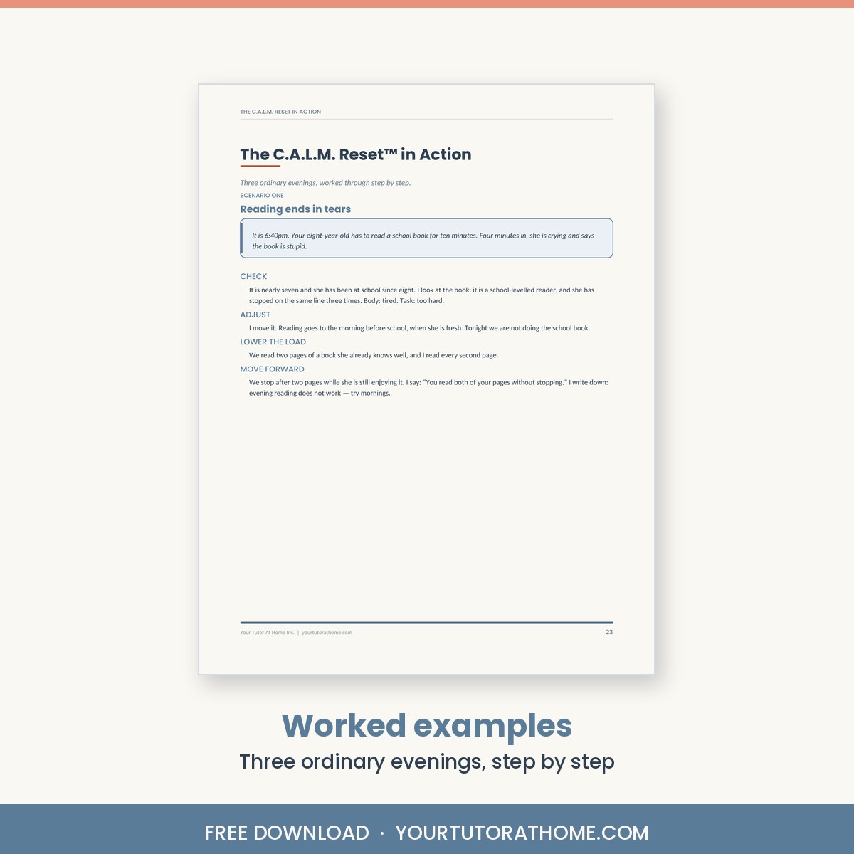 Worked example showing the C.A.L.M. Reset used during a real evening