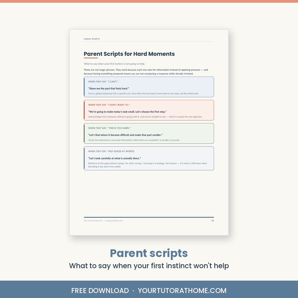 Parent scripts page with prepared responses for difficult moments