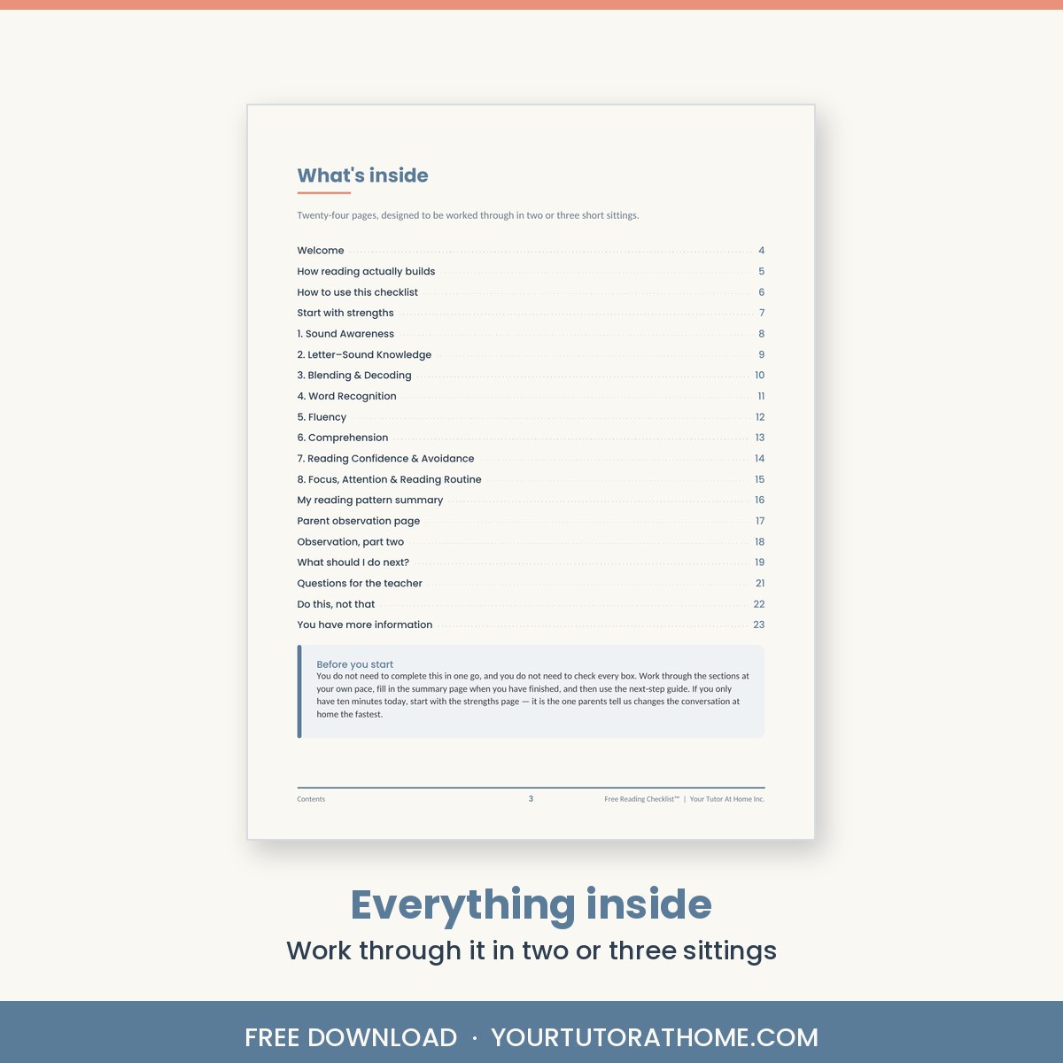 Contents page of the free reading checklist showing all 24 pages
