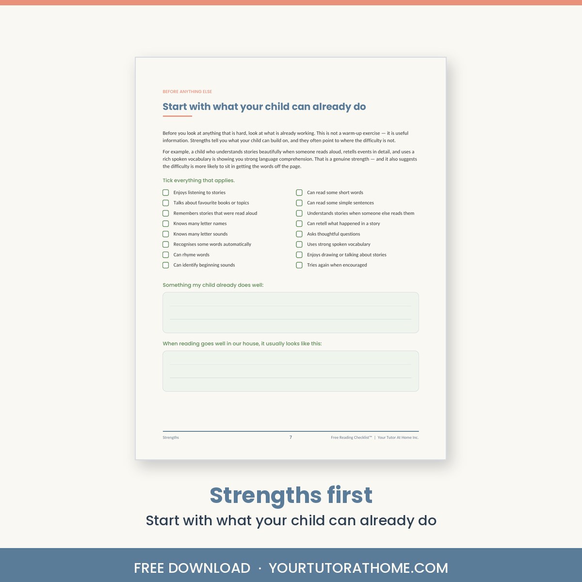 Reading strengths checklist page listing what a child can already do