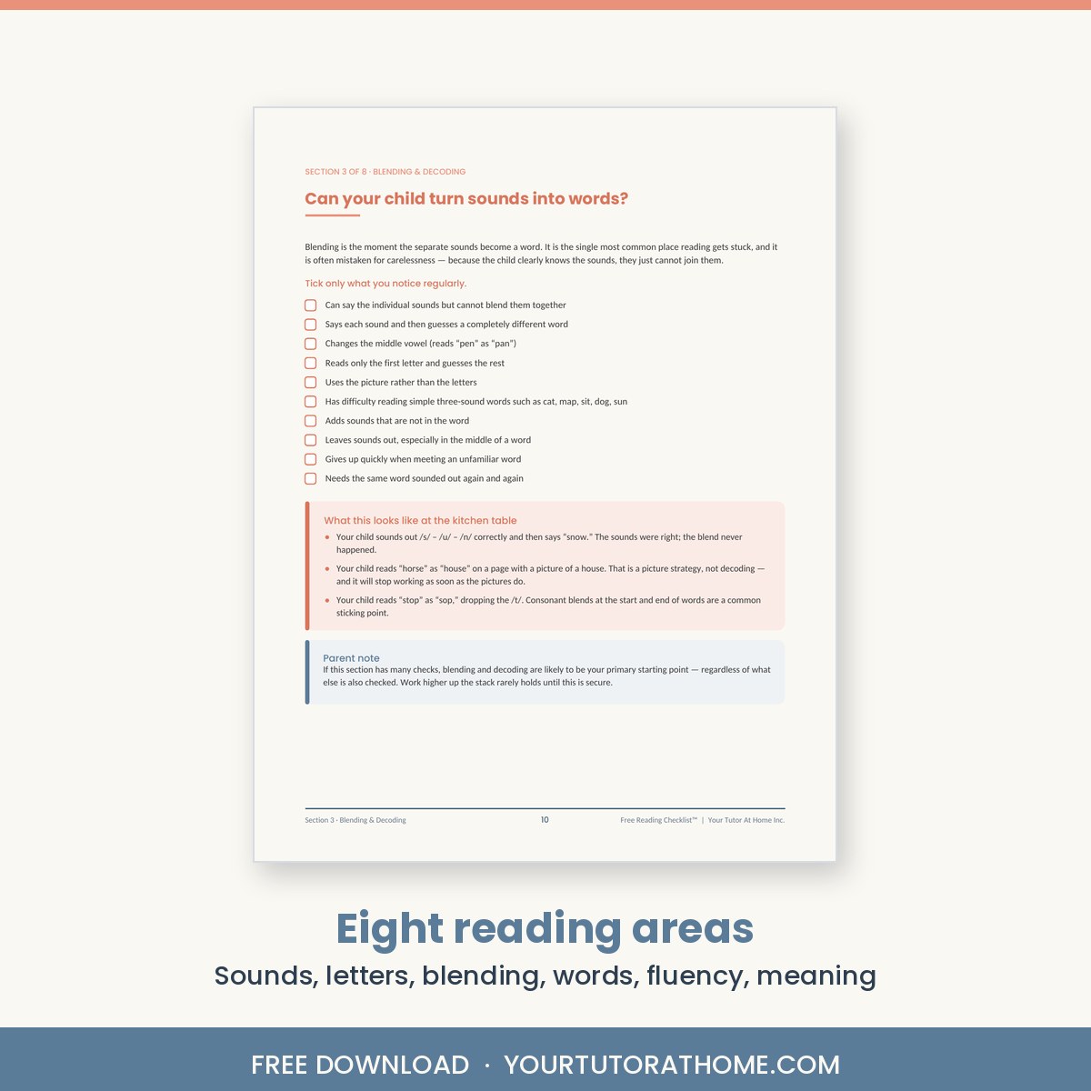 Blending and decoding checklist page with kitchen table examples