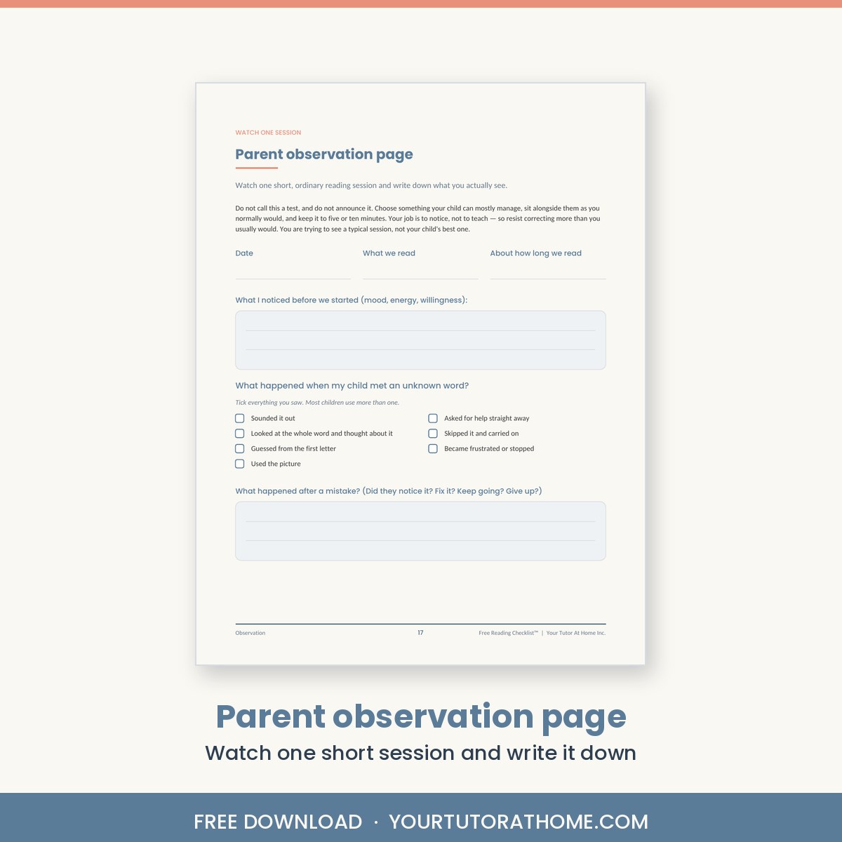Parent observation page for watching a short reading session