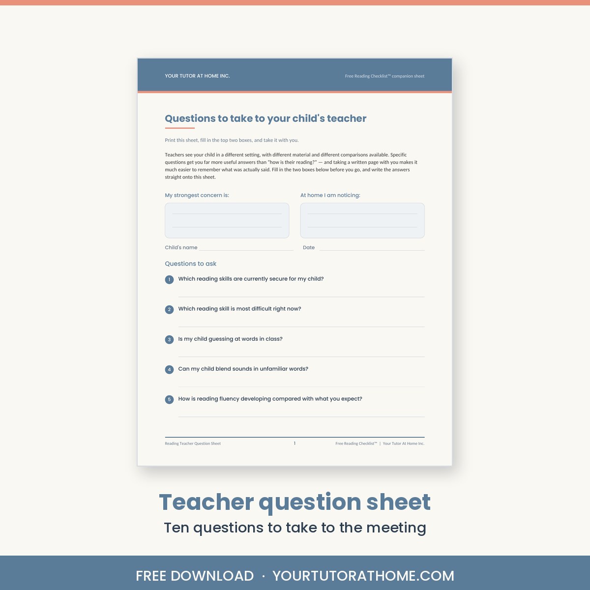 Printable teacher question sheet about a child's reading