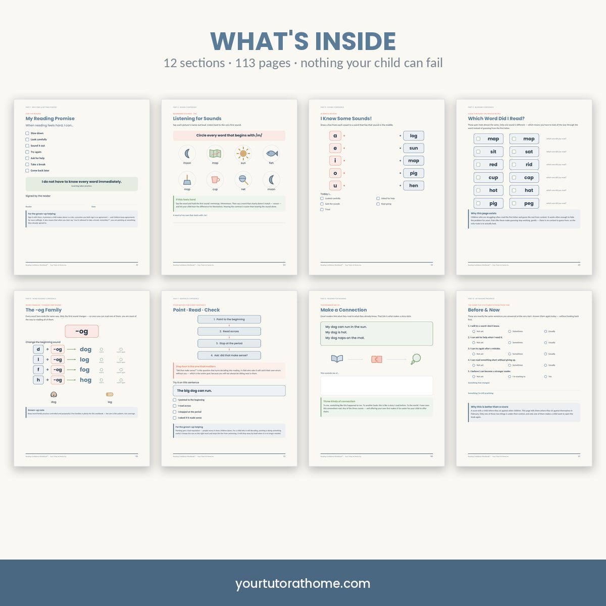 Eight sample pages from inside the reading confidence workbook