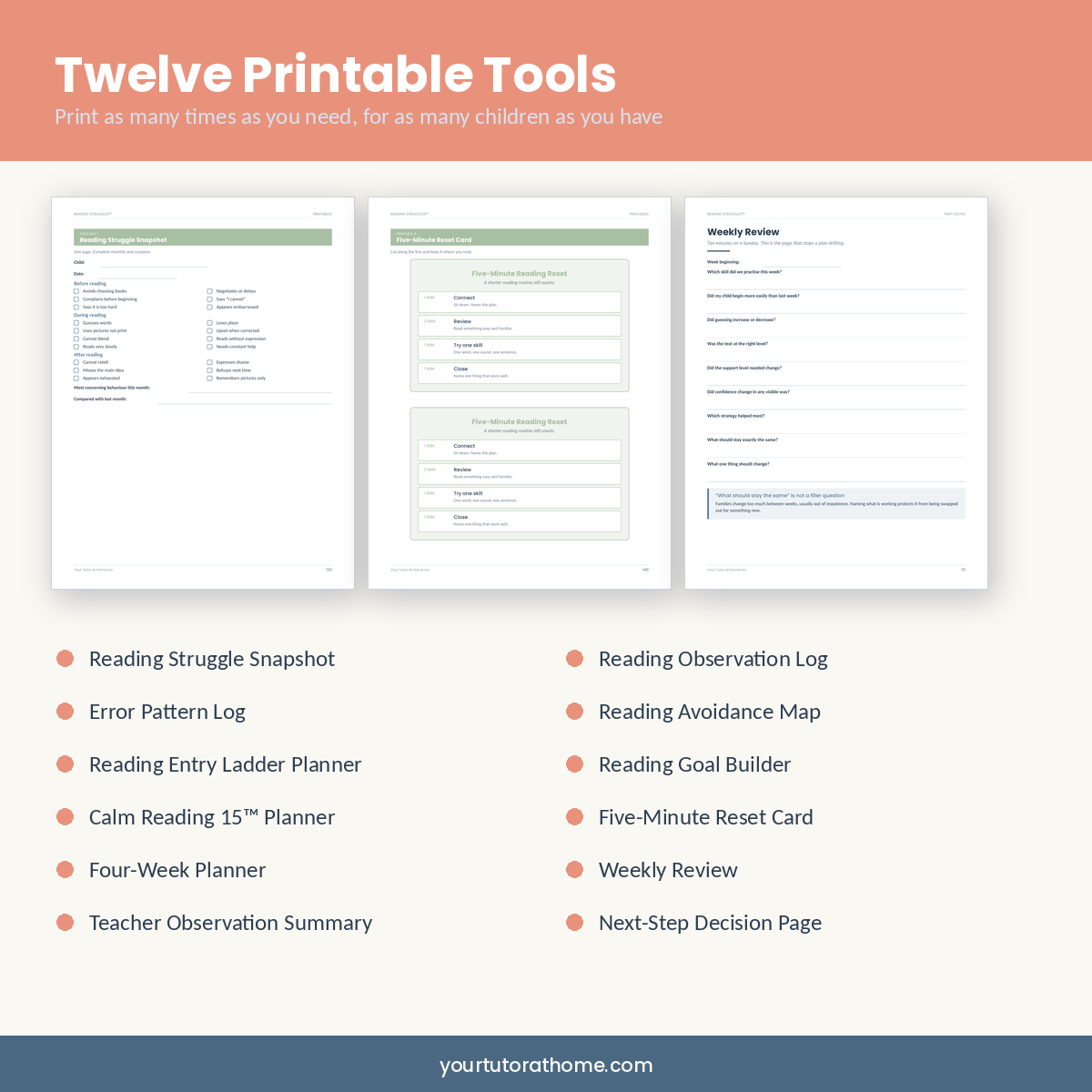 Twelve printable reading tools including observation log and goal builder