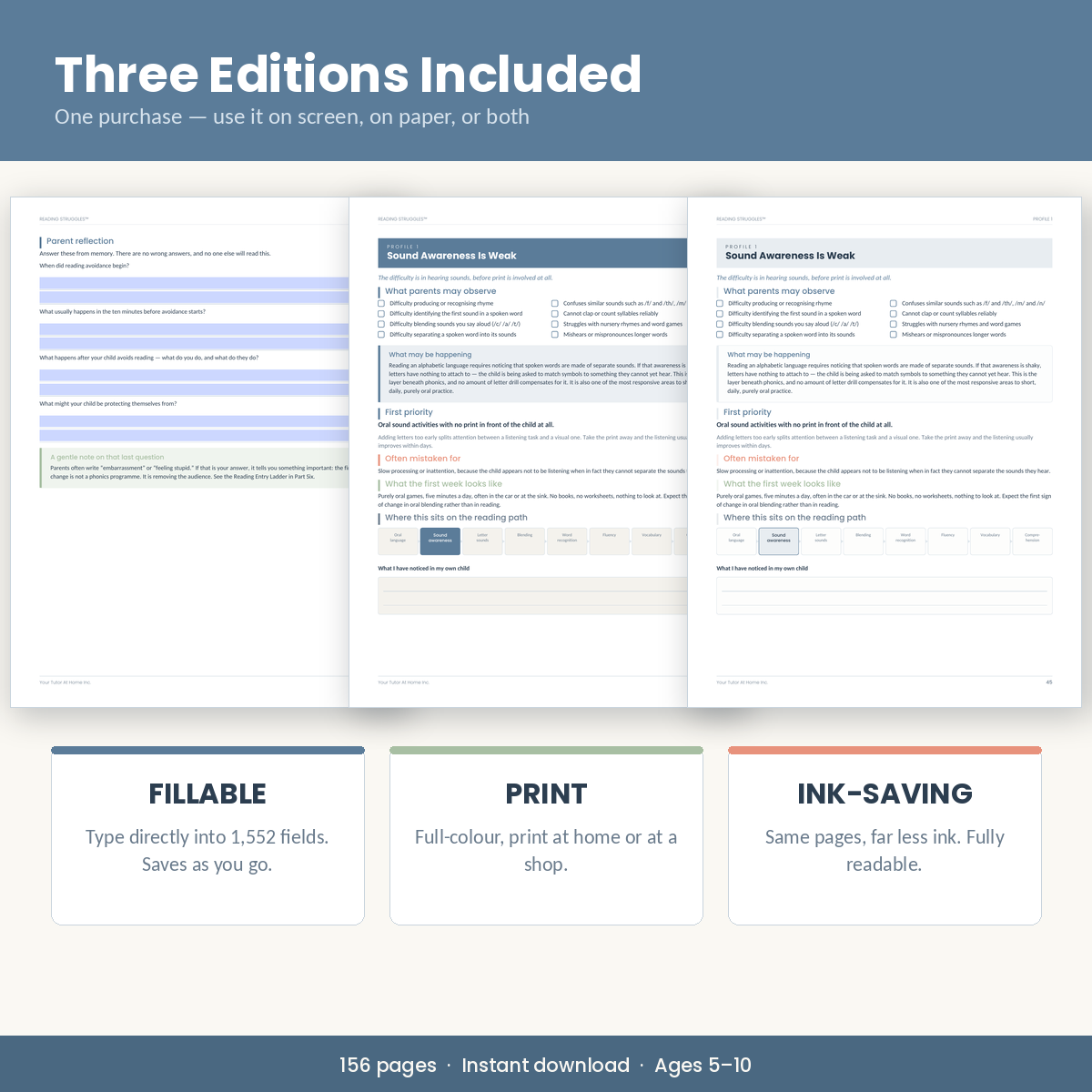 Reading Struggles fillable, print and ink-saving PDF editions included