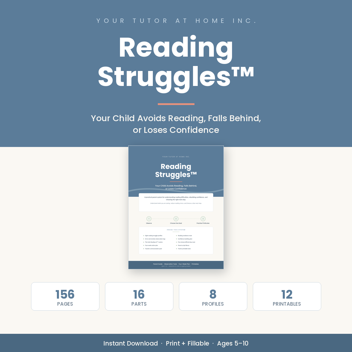 Reading Struggles workbook cover for parents of struggling readers ages 5 to 10