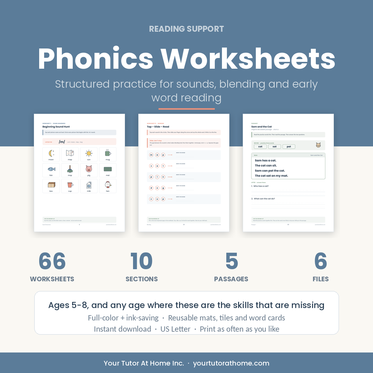 Phonics worksheets cover showing 66 printable pages across 10 sections for ages 5 to 8