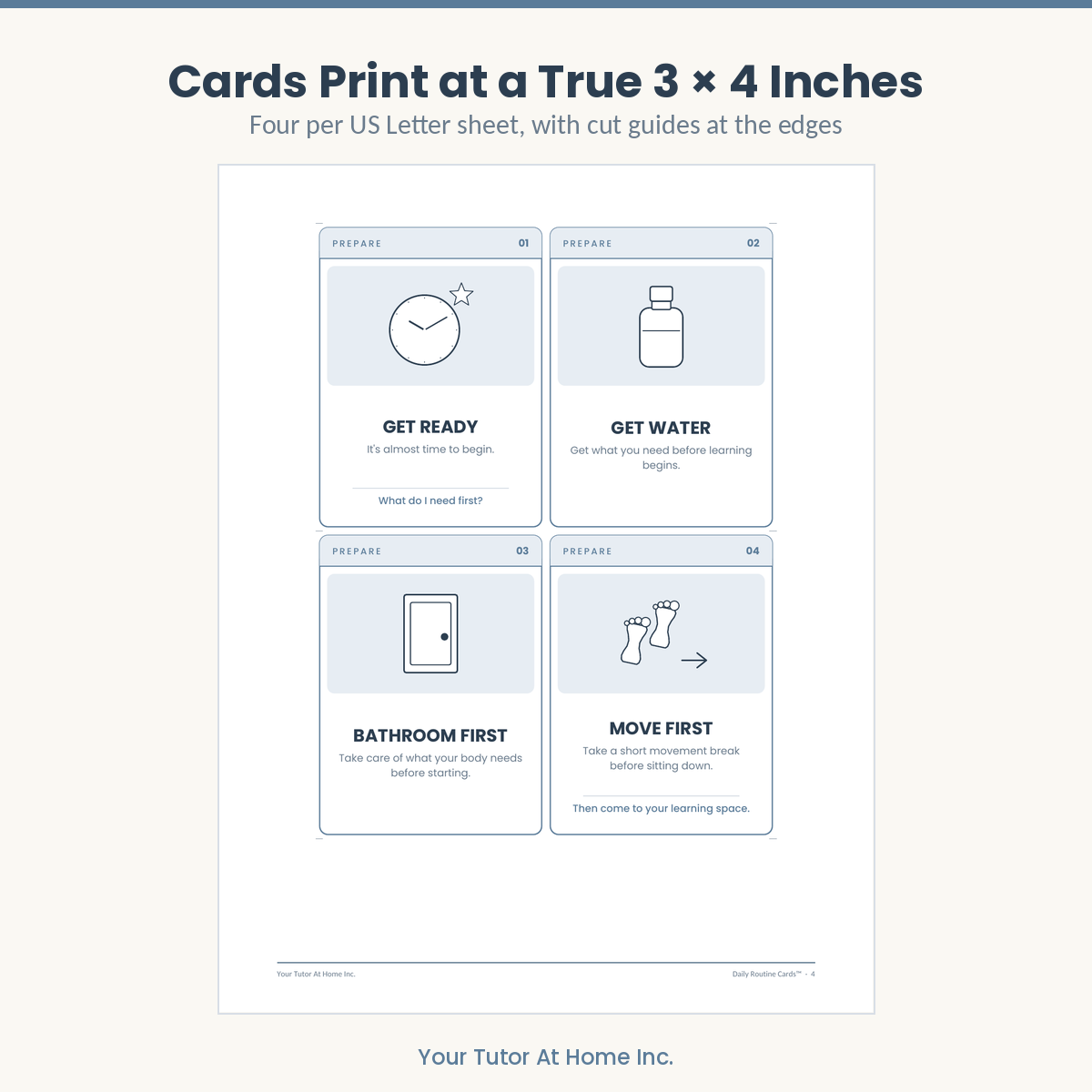 Four printable routine cards on a US Letter sheet, printing at a true 3 by 4 inches