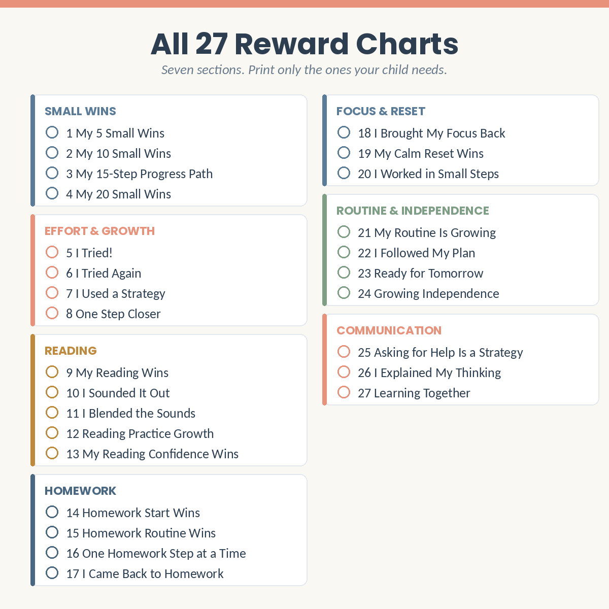 All 27 printable sticker charts listed by section