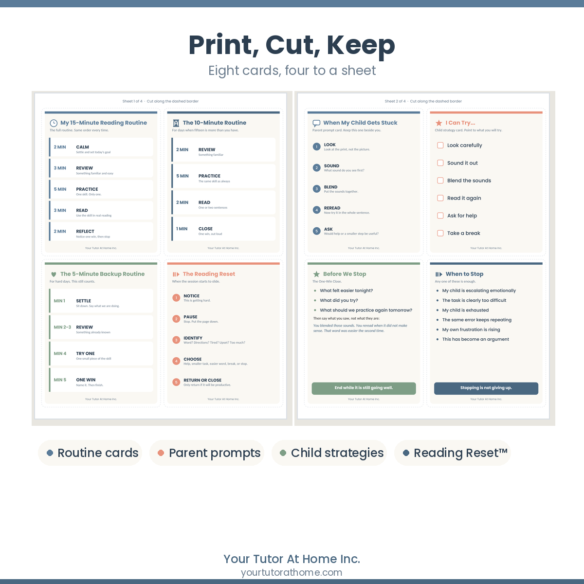 Printable routine, parent prompt and child strategy cards, four to a sheet