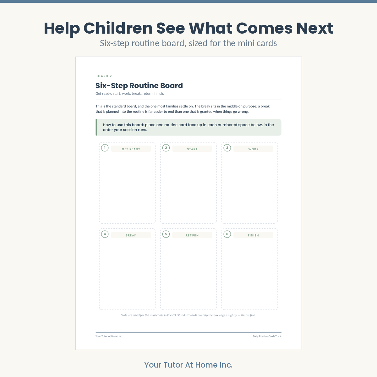 Six-step printable routine board with slots for placing routine cards