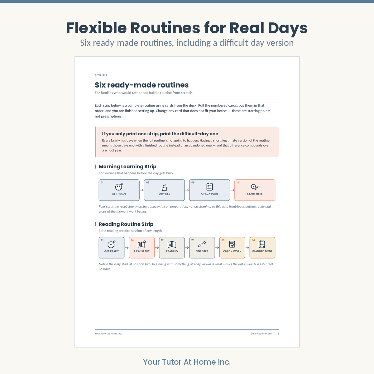 Six ready-made routine strips including a difficult-day routine