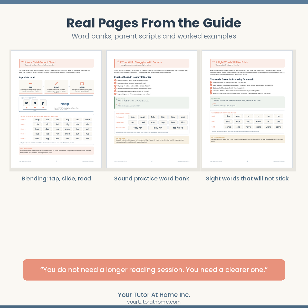 Real pages from the reading guide including word banks and parent scripts