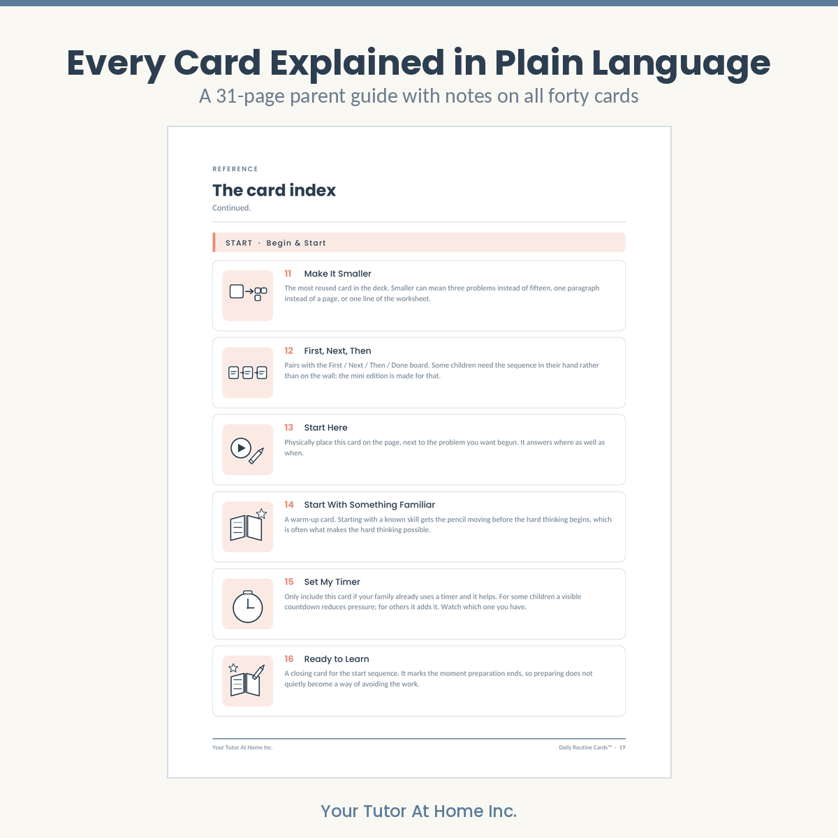 Parent guide card index explaining what each routine card is for