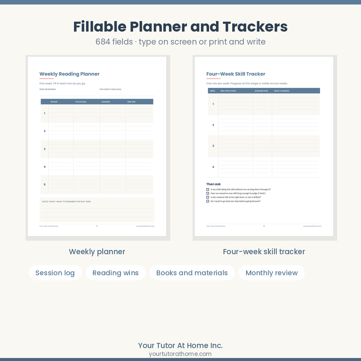 Fillable weekly reading planner, session log and four-week skill tracker