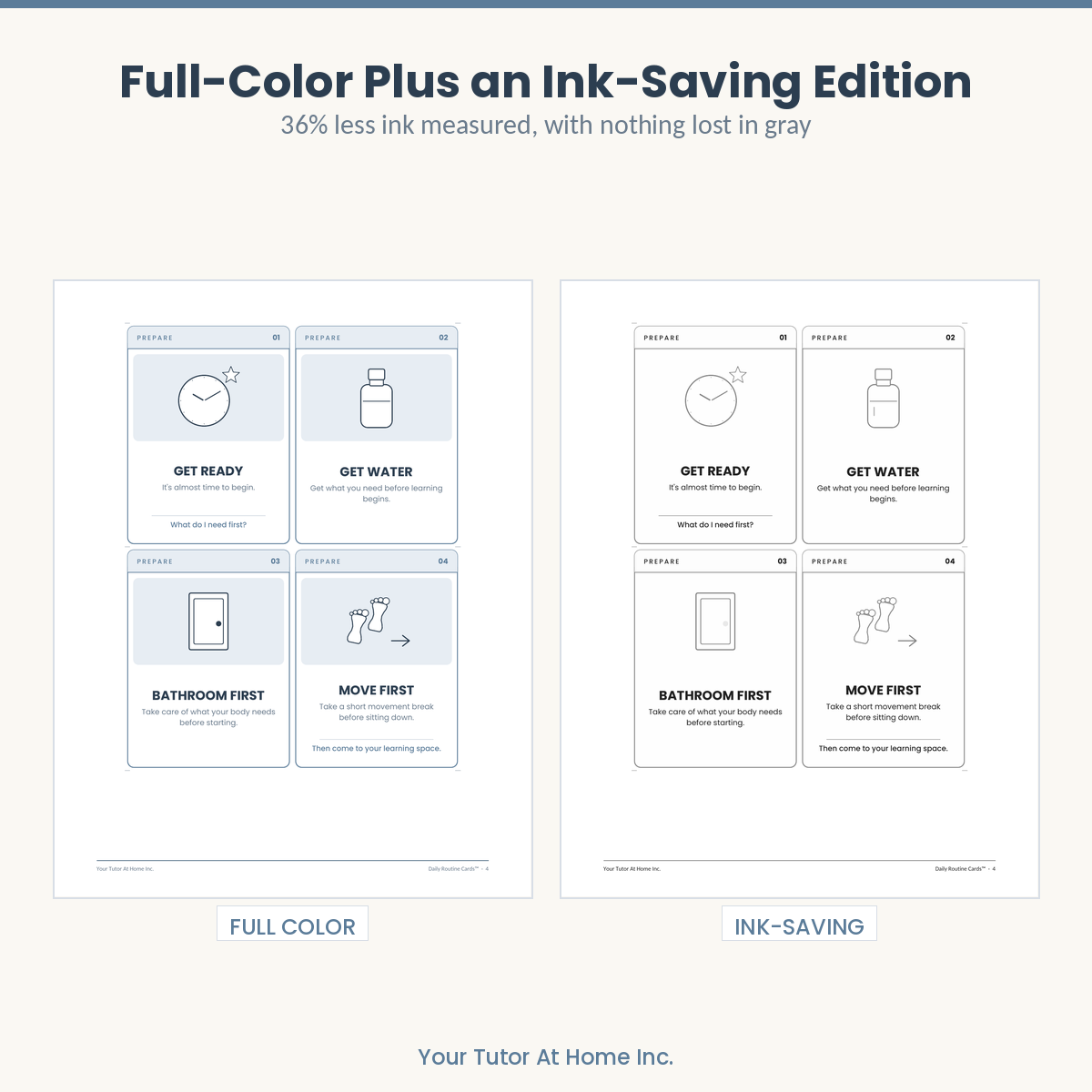 Full-color and ink-saving editions of the same routine cards side by side