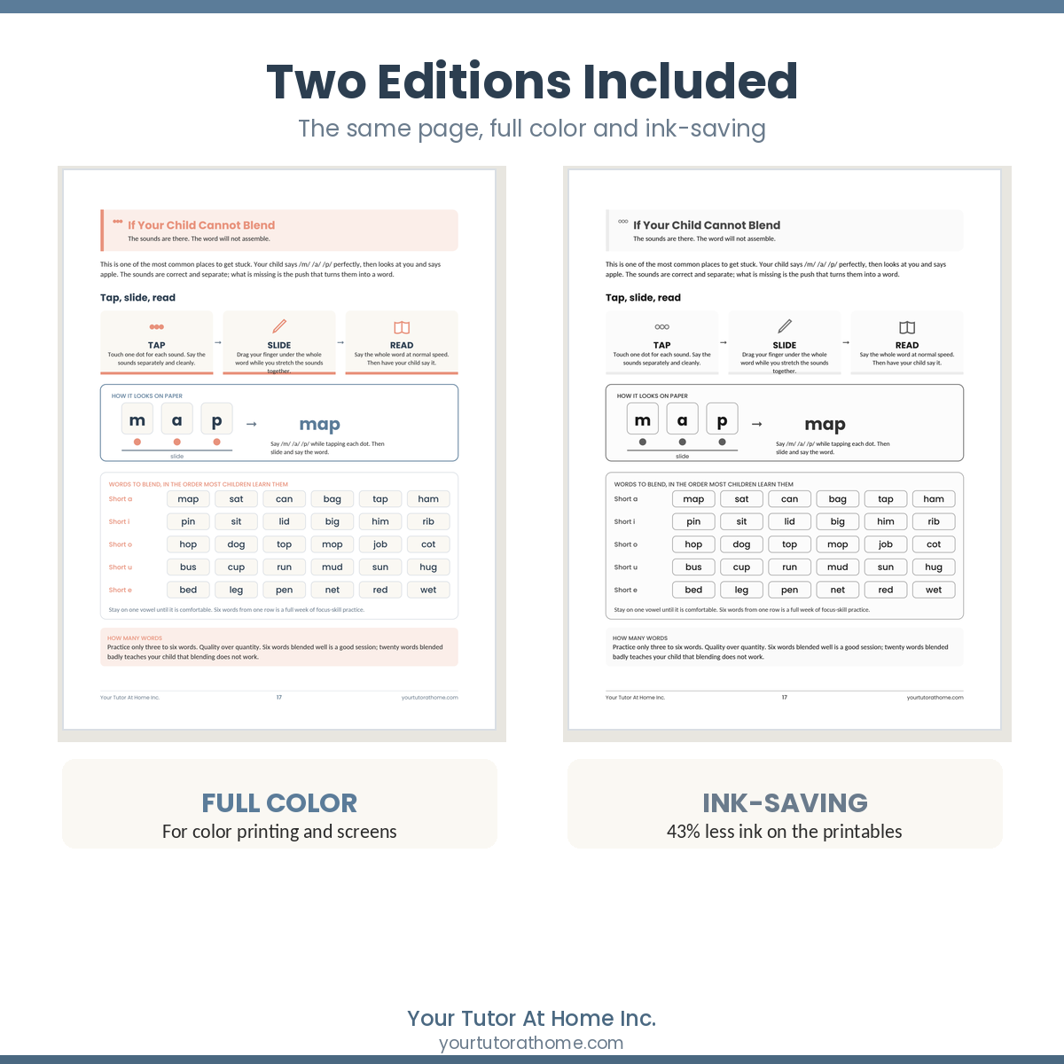 Full color and ink-saving editions included with the free reading routine download