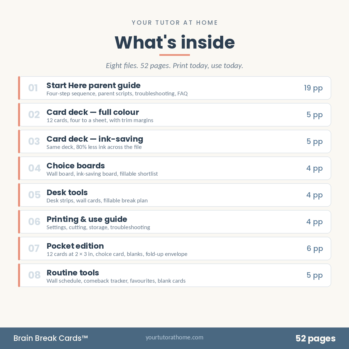 The six files inside the Brain Break Cards pack with page counts