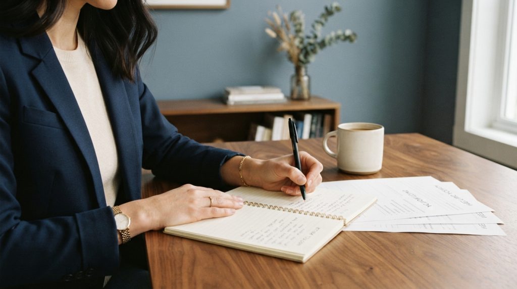 Writing a calm learning plan in a notebook at a home desk